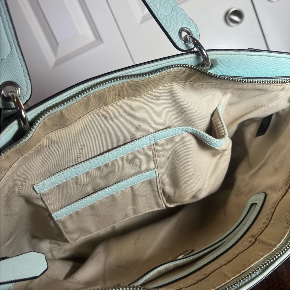 GUESS 1981 Teal Structured Tote Bag Large Zip Top Work Shoulder Purse - Picture 7 of 9